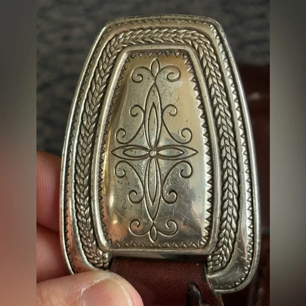 Vintage Brighton Brown Hinged Genuine Leather Belt Silver Buckle Western Coastal